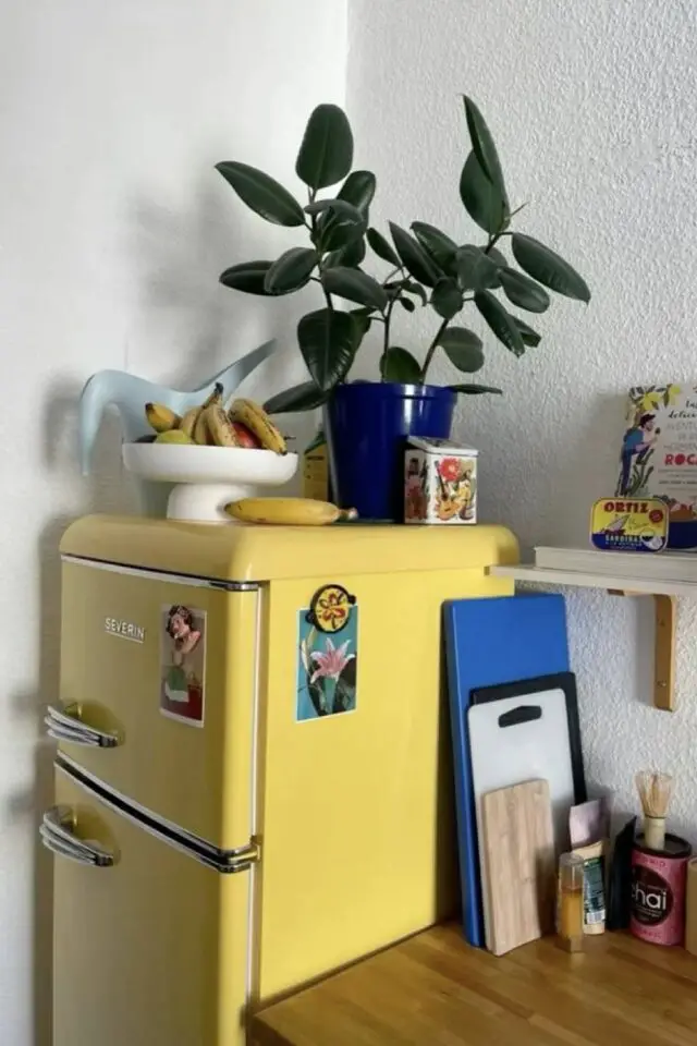 décoration organisation frigo exemple jaune vintage déco posée dessus coupelle de fruit pot de fleur bleu  cuisine colorée et moderne 