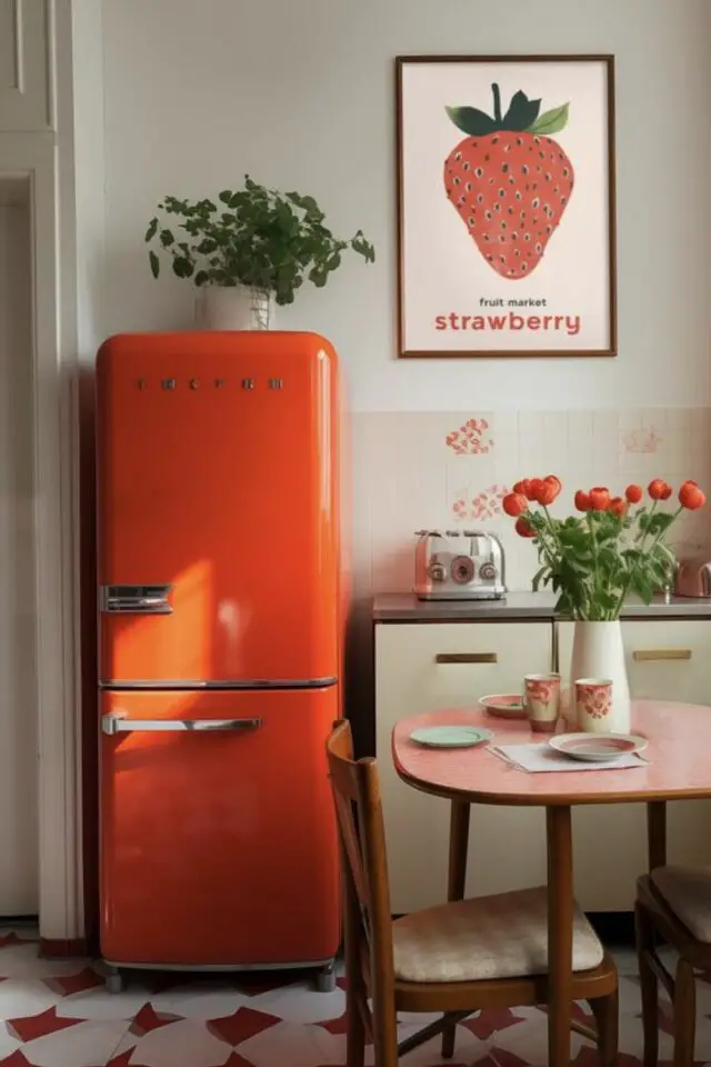 décoration organisation frigo exemple pot de fleur blanc affiche déco fraise réfrigérateur SMEG orange table formica cuisine  