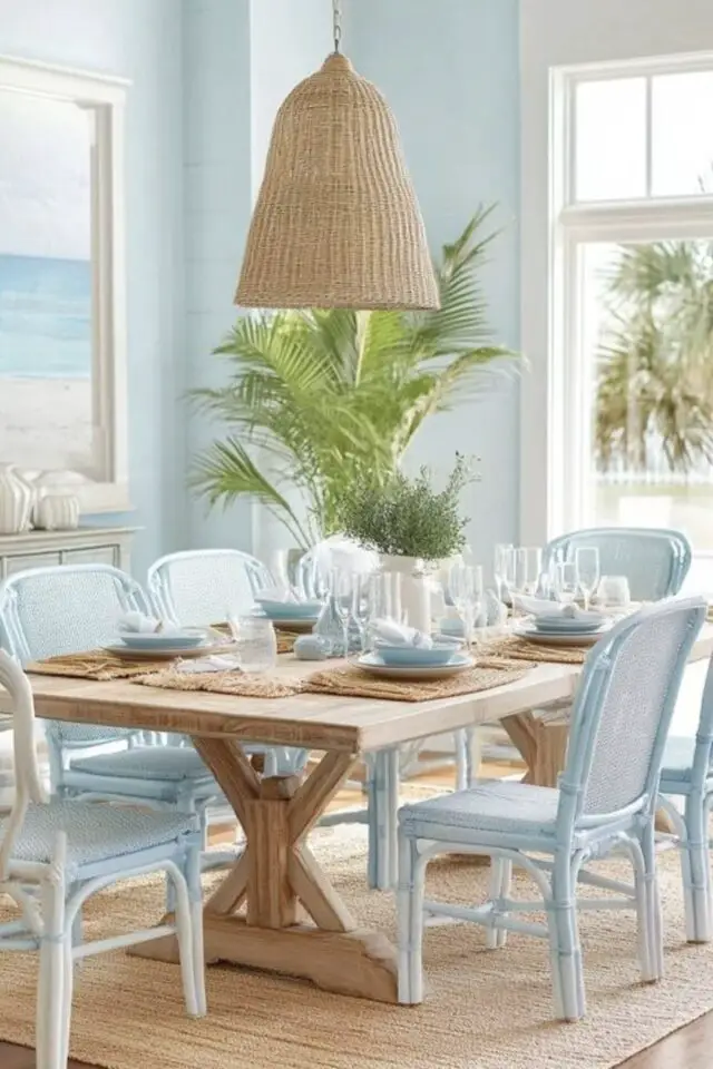 décoration bord de mer salle à manger couleur mur bleu pastel boiserie blanche fenêtre luminaire naturel table en bois chaise colorée 