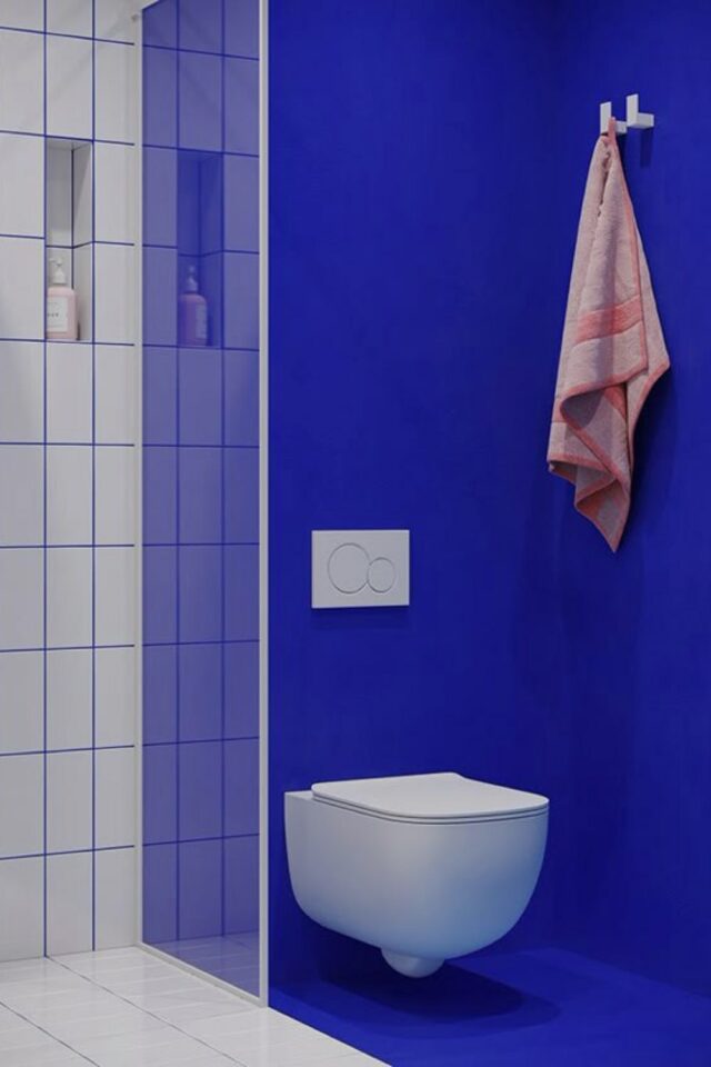 exemple décoration salle de bain bleue peinture bleu électrique toilette design espace épuré minimaliste douche 