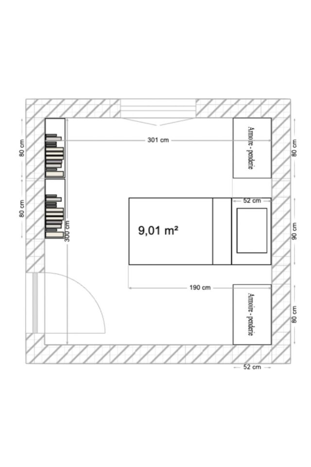 plans 2D chambre enfant 9m2 symétrie avec lit superposé au centre 2 armoires et bibliothèque de rangement 