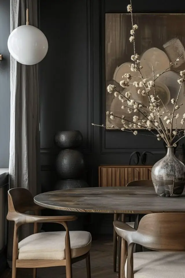 choix couleur salle à manger décoration noir chic et intense meuble en bois sombre 