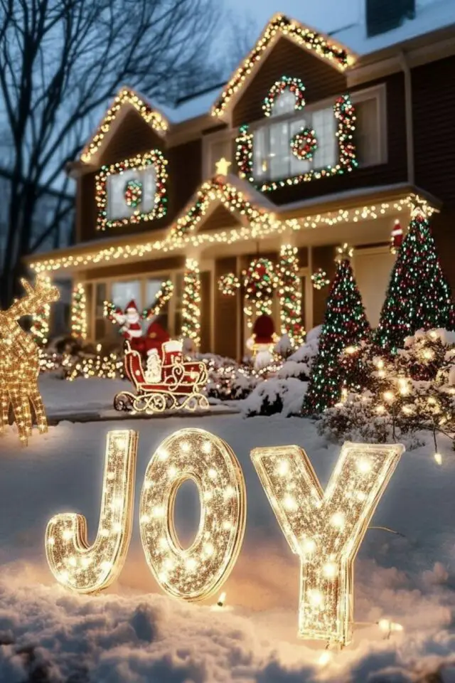 décoration extérieure noël exemple jardin devant la maison traineau lettres lumineuse guirlande sapin féérie fêtes de fin d'année 