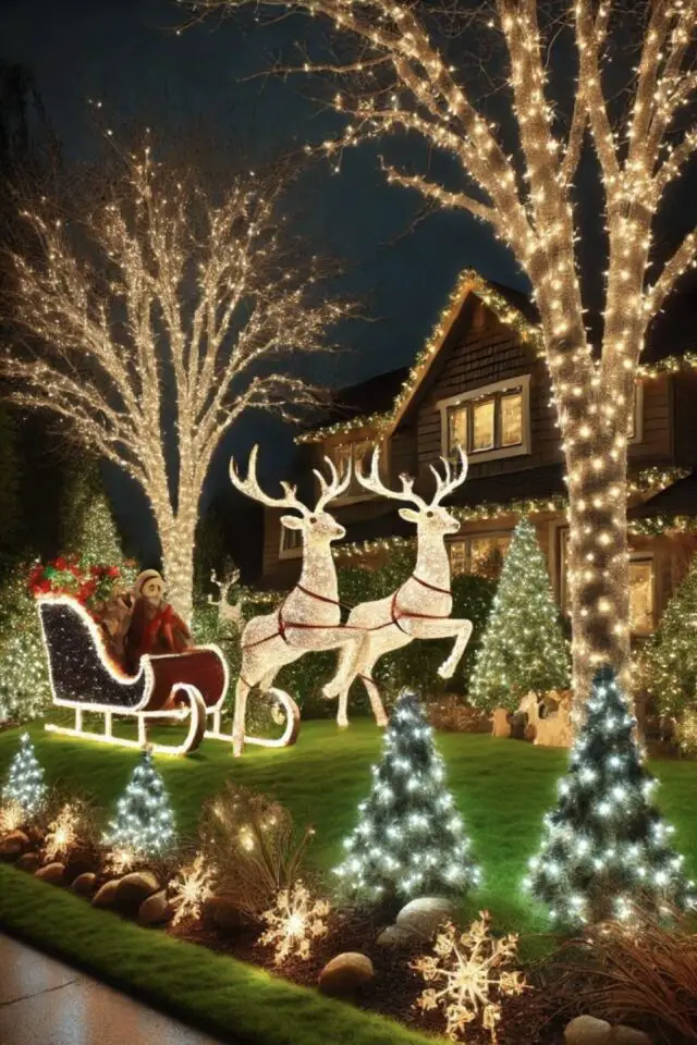 décoration extérieure noël exemple traineau père Noël cerfs lumineux guirlande autour des arbres 