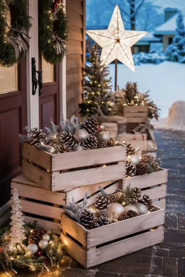 décoration extérieure noël exemple facile à faire caisse en bois pomme de pin et boule de sapin couleur or 