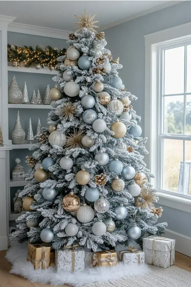 décoration de noël couleur bleu idées sapin blanc neige boule claire nacrée 