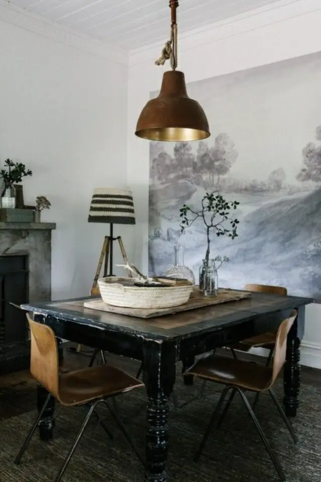 décoration salle a manger table carré ancienne en bois patiné style masculin chic 