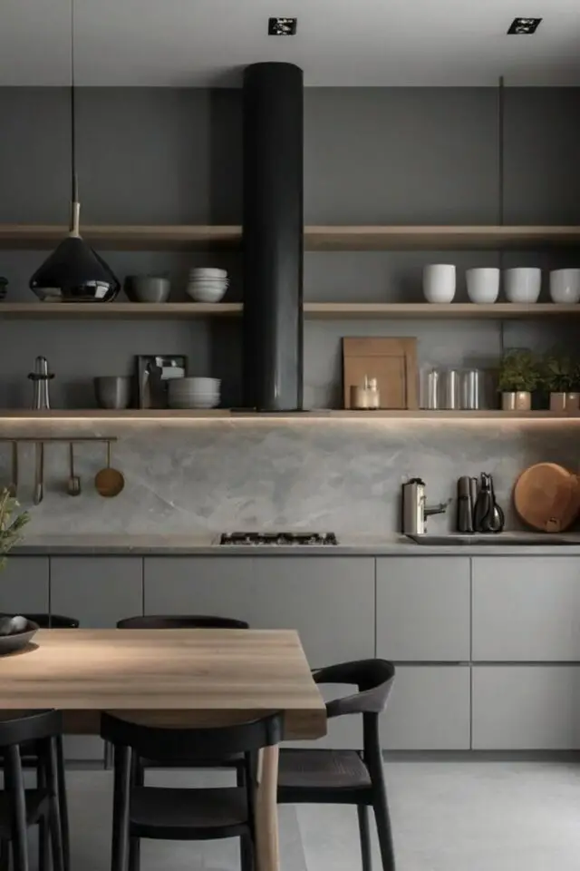 exemple déco cuisine grise moderne meuble crédence béton ciré étagère en bois 