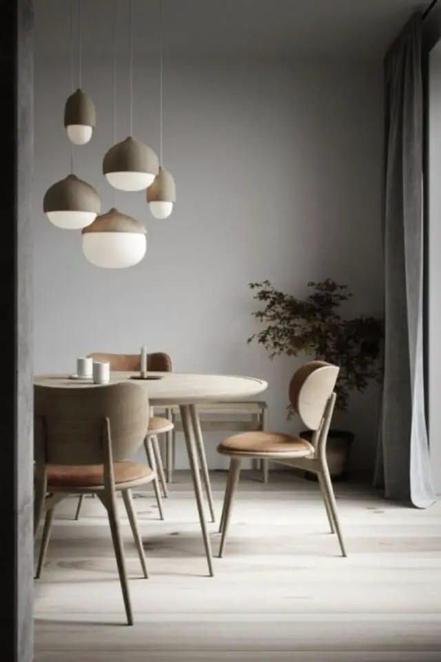 salle à manger décoration grise élégante et épurée luminaire dessus table en bois suspension design 