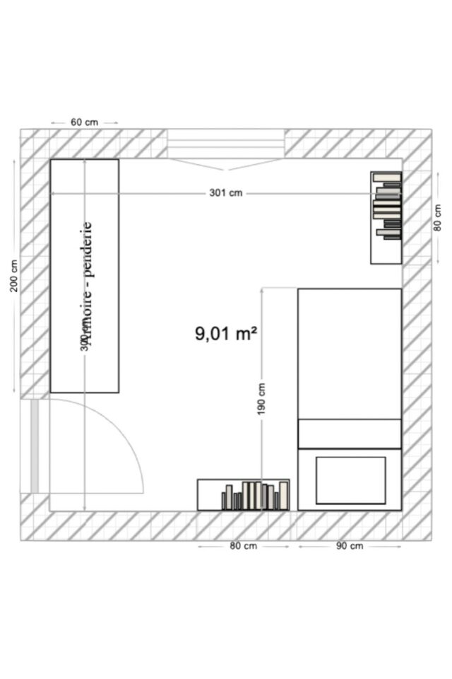 plans 2D chambre enfant 9m2 une grande armoire et un coin bibliothèque 