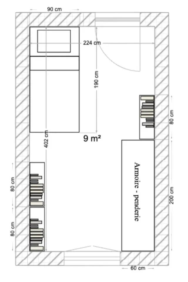 plans 2D chambre enfant tout en longueur lit superposé grande armoire bibliothèque 