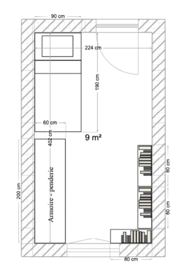 plans 2D chambre enfant tout en longueur couloir lit superposé grande armoire bibliothèque  