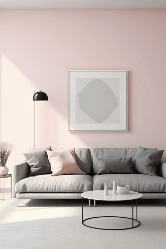 salon gris association de couleurs peinture murale rose clair canapé confortable 