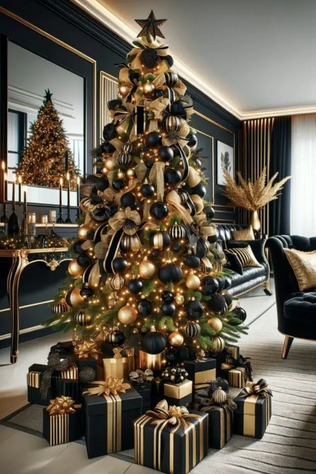 tendances déco de noël 2024 2025 vert et or et noir élégant chic et intemporel cadeau sapin salon séjour 