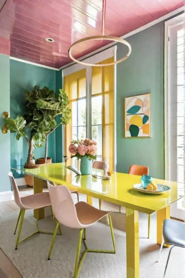 salle à manger maximalisme couleur plafond rose rideau jaune table mur peinture vert chaise 