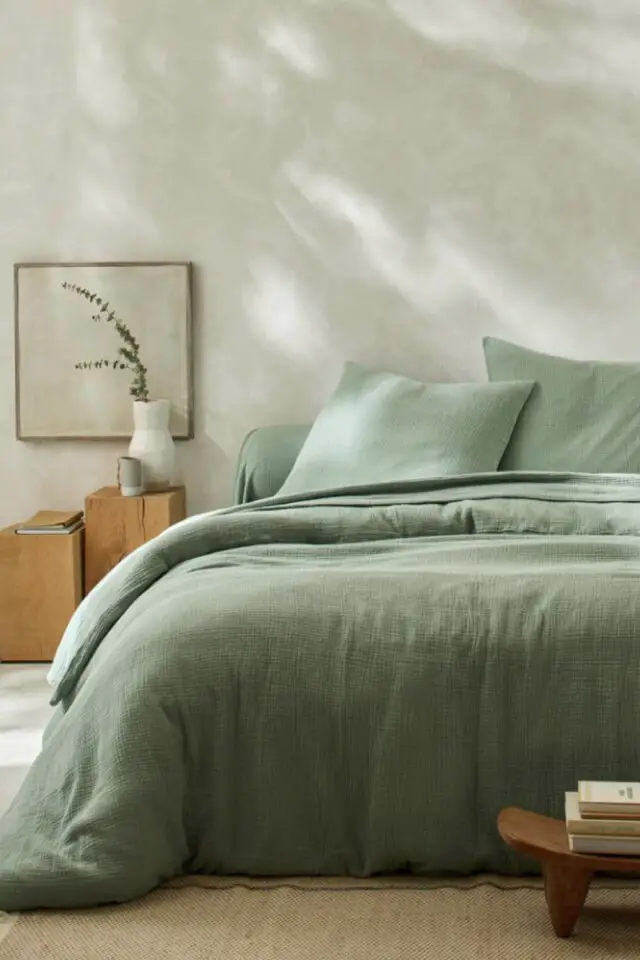 Linge de lit uni en triple gaze de coton vert