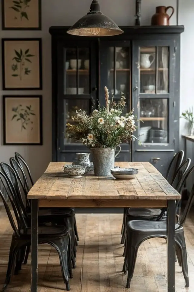 les couleurs sourdes sont elles passées de mode  salle à manger esprit rustique chic vaisselier gris anthracite chaise tolix en métal noir pied de table 