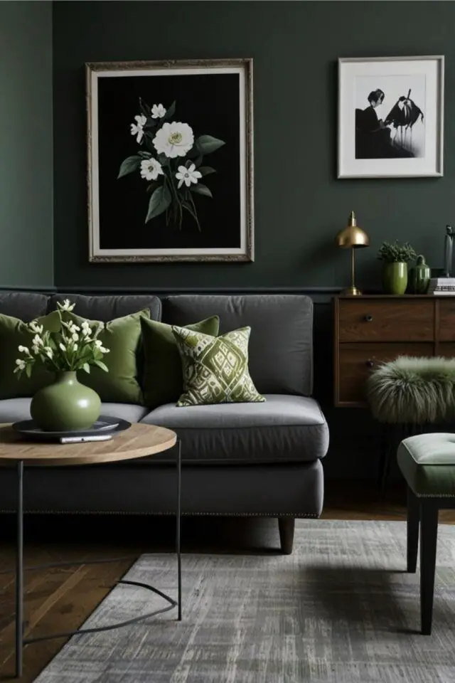 les couleurs sombres sont elles passées de mode peinture mur vert kaki canapé gris meuble noyer tapis clair 