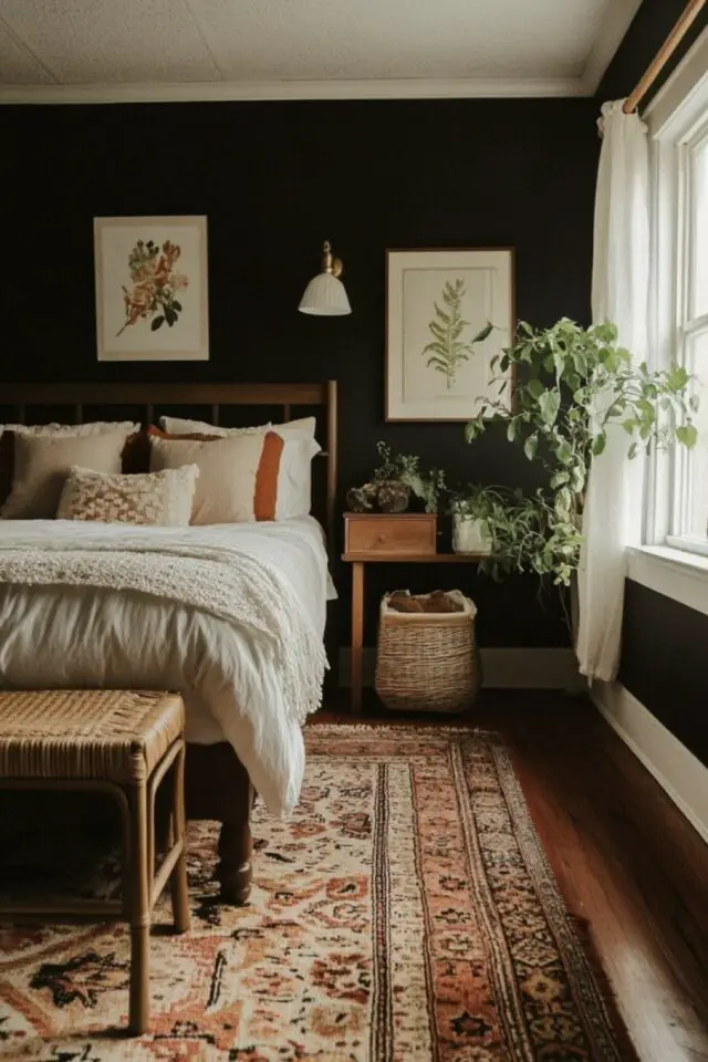 les couleurs sombres sont elles démodées chambre adulte mur bleu nuit tapis marron beige orangé petite plante verte 