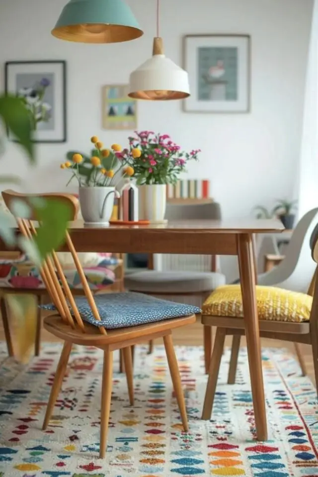 décor scandinave touche couleur idée facile luminaire galette de chaise tapis salle à manger bois et blanc 