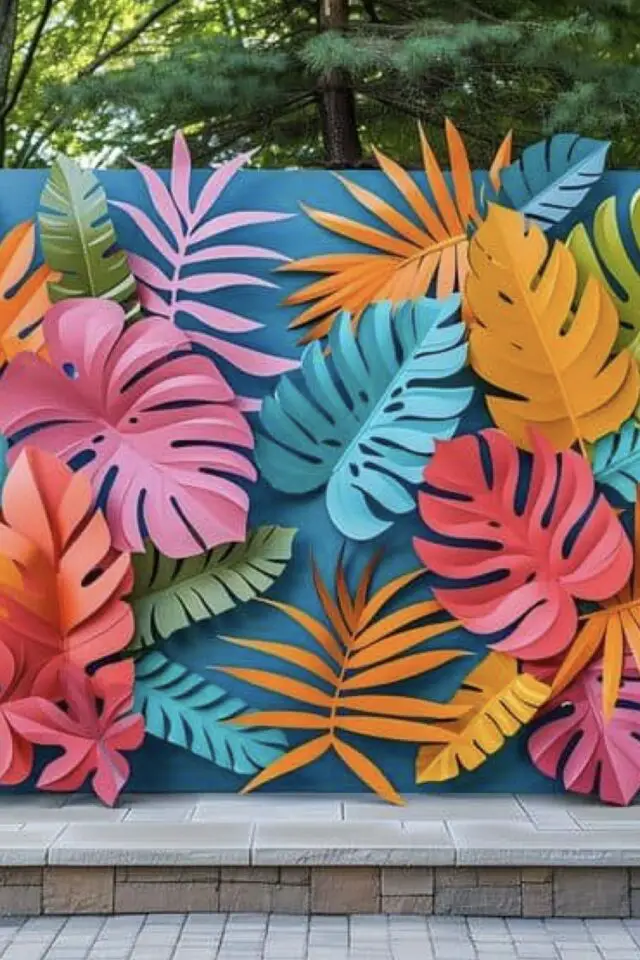 décoration nouvel an thème fête sous les tropiques mur décoré feuilles plantes tropicales en papier coloré monstera palmier 