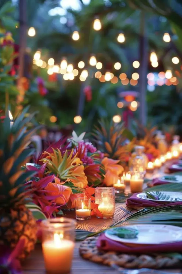 décoration nouvel an thème fête sous les tropiques table réveillon entre amis ananas couleur bougies photophores 