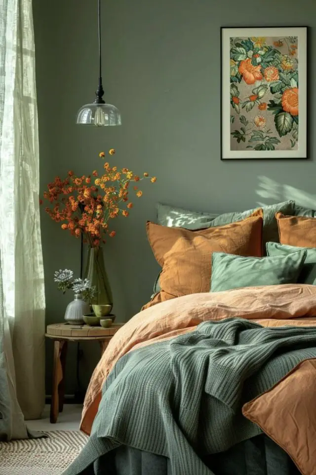 tendances déco chambre 2025 style nature couleur vert et terre douceur simplicité 