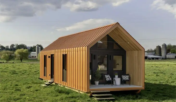 visite deco tiny house cabane moderne une chambre salle de bain cuisine ouverte salon terrasse