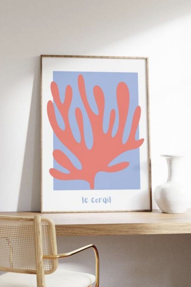 association couleurs déco bleu et corail exemple affiche illustration Etsy 