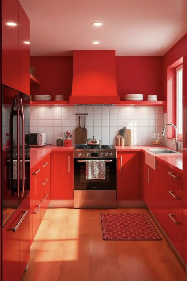 tendances déco des années 2000 cuisine rouge laquée crédence blanche carrelage carré frigo noir 