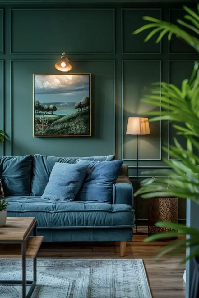 association couleur vert bleu déco salon séjour élégant canapé coloré mur moulure ton sur ton 
