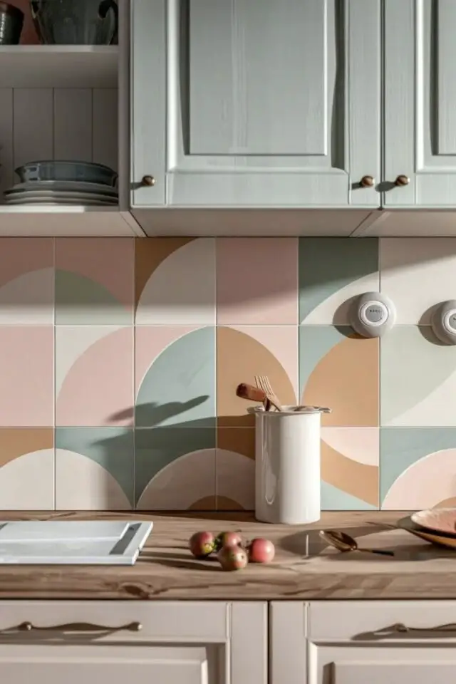 crédence cuisine moderne carrelage motif géométrique couleur tendance décor mural 