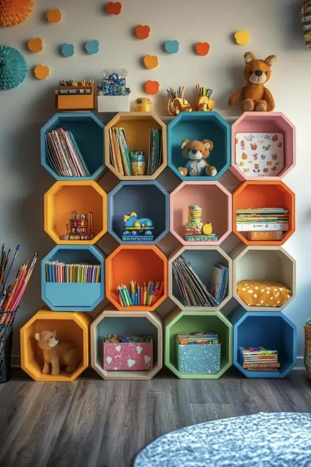 déco petit budget chambre enfant étagères murale colorées niches multicolore rangement 