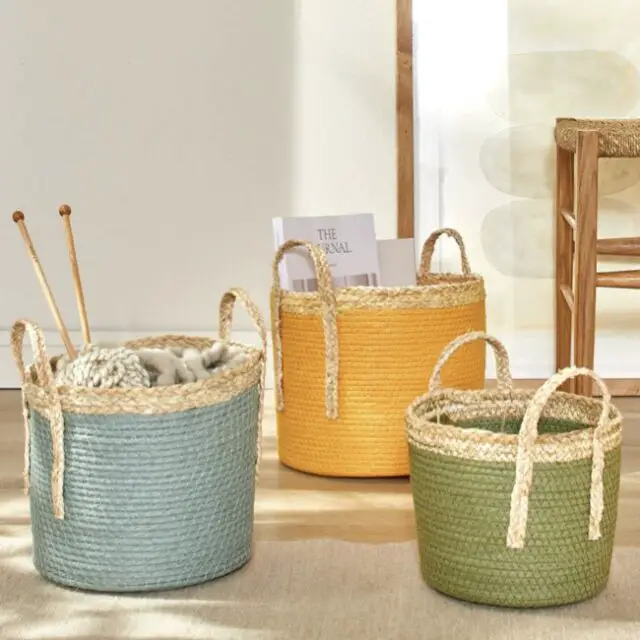 Panier tressé coloré avec poignées - lot de 3