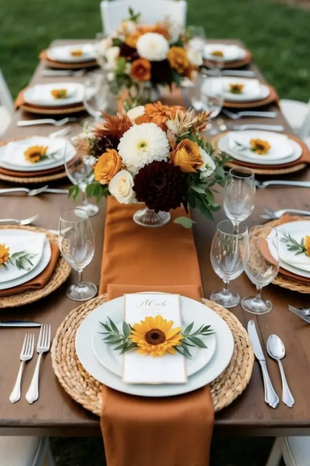 décoration mariage couleur orange inspiration décor de table rustique en bois chemin de table fin orange brûlé fleur de tournesol petit bouquet 