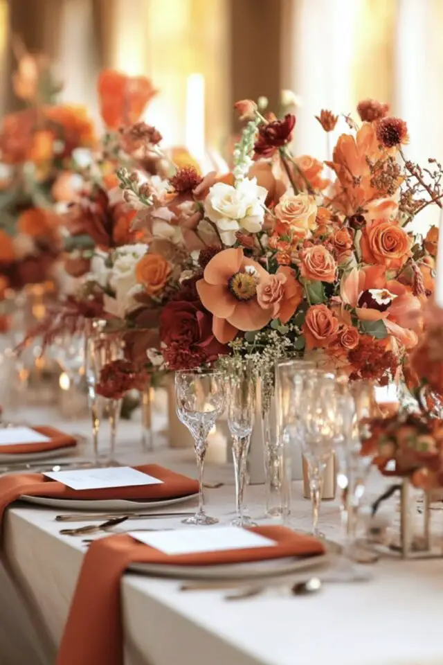 décoration mariage couleur orange inspiration chemin de table floral mélange couleur vert et blanc serviette pliage simple et élégant 