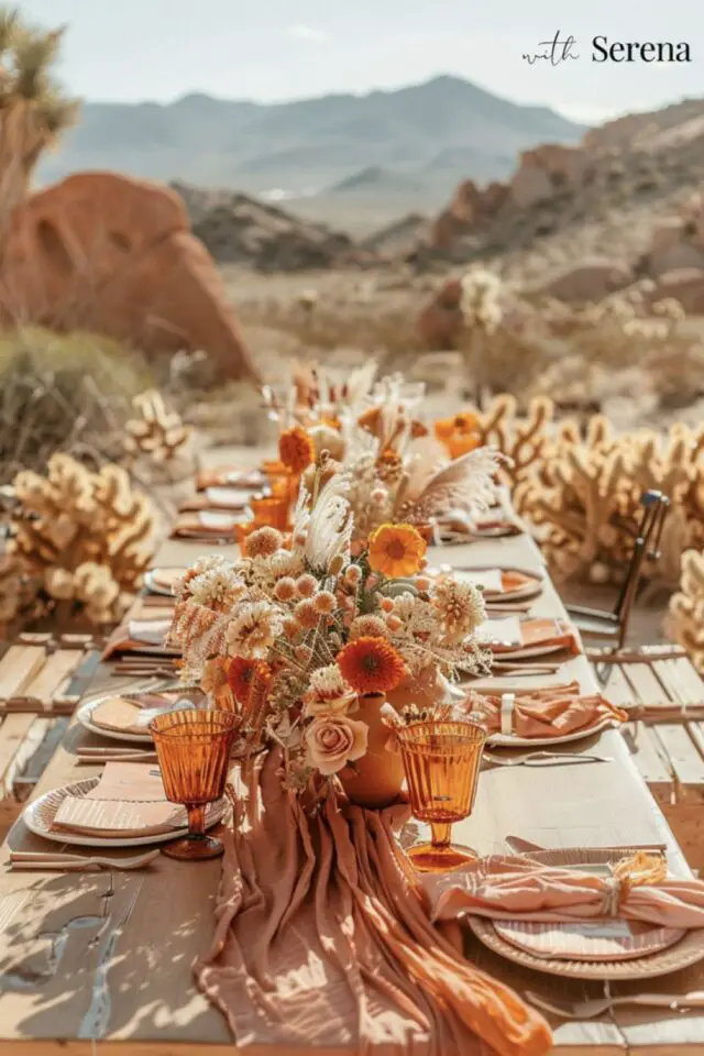 décoration mariage couleur orange idées bohème chic en extérieur verre à pied coloré bouquet fleurs séchées et fraîches 