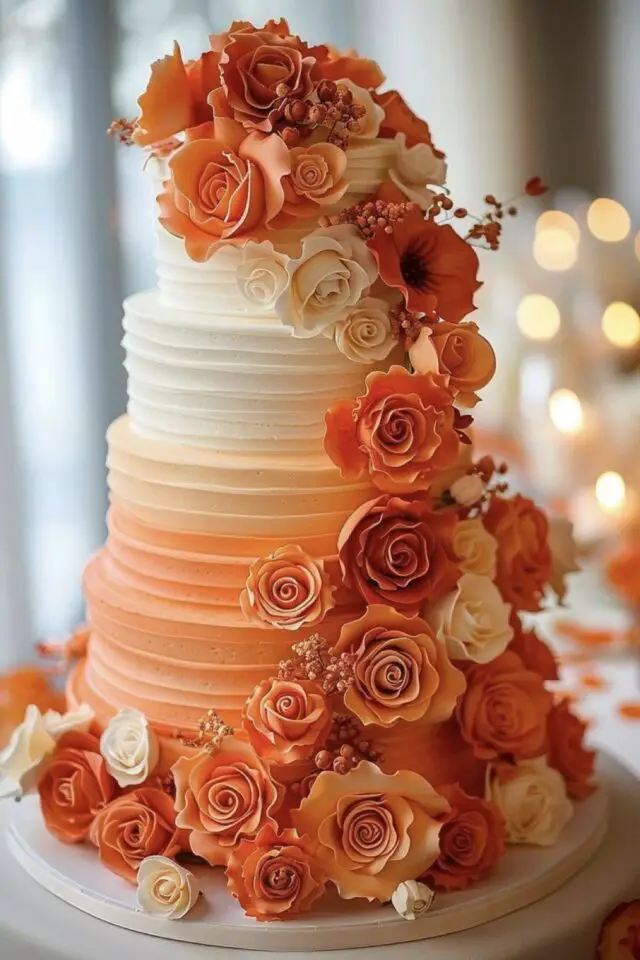 décoration mariage couleur orange idées gâteau dégardé de couleur décor floral élégant plusieurs étages 