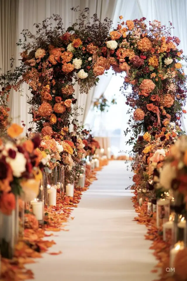 décoration mariage couleur orange exemple cérémonie arche fleurie pétales au sol photophore bougie cierge blanc 