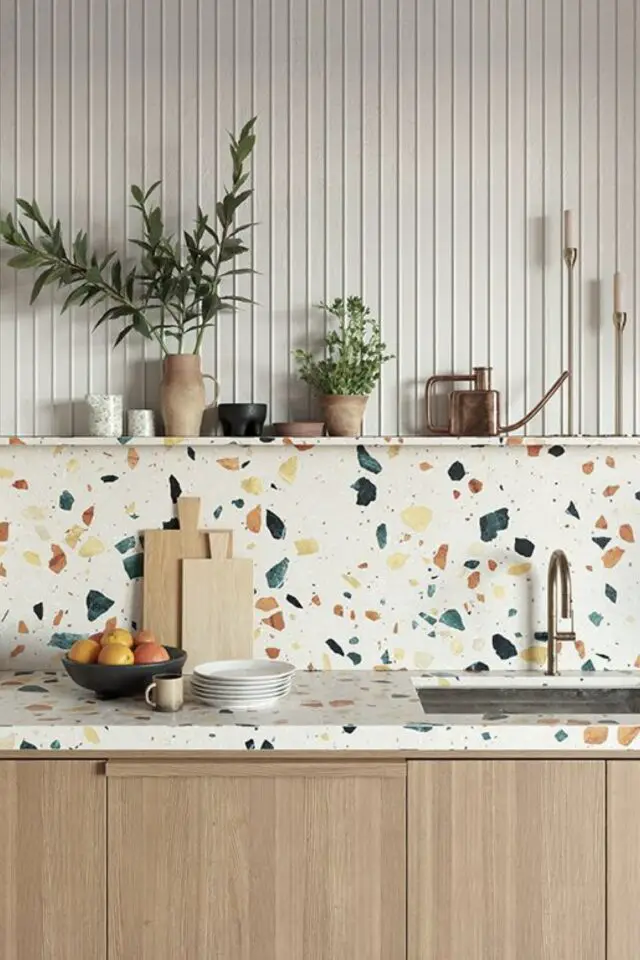 décoration murale cuisine moderne crédence terrazzo tendance motif moyen meuble en bois espace de vie actuel 