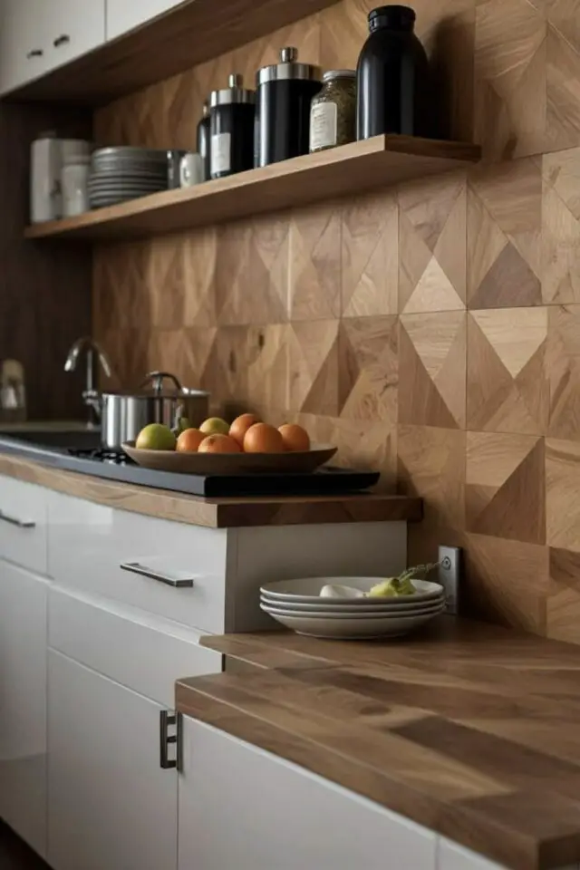 exemple crédence de cuisine bois original chaleureux motif géométrique meuble blanc sur mesure 