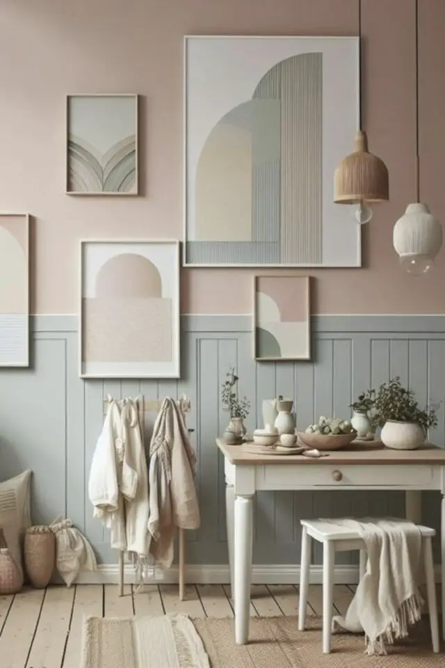 couleur printemps association déco soubassement sauge mur beige rose affiche pastel douceur et fraicheur 