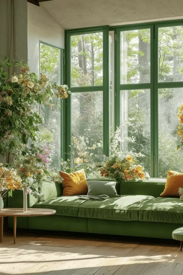 association couleur déco printemps camaïeux de vert salon canapé en velours peinture boiserie fenêtre 