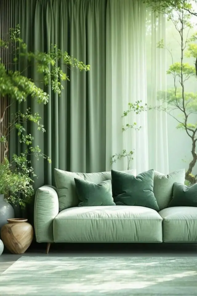 association couleur déco printemps camaïeux plusieurs nuances de vert canapé tapis coussin rideaux douceur 