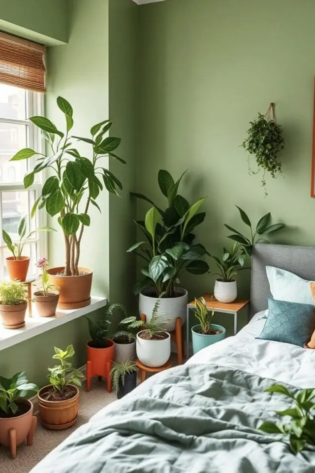 association couleur déco printemps chambre adulte camaïeux de verts plantes d'intérieur parure de lit peinture 
