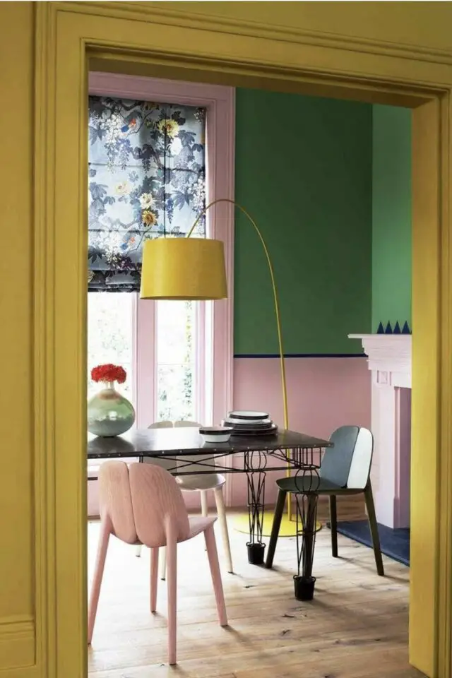 association couleur déco printemps salle à manger color bloc vert rose jaune peinture moderne 