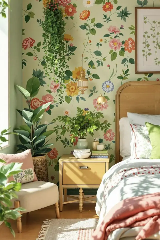 décoration intérieure association couleur printemps exemple papier peint fond vert imprimé fleur multicolore chambre à coucher parentale tête de lit 