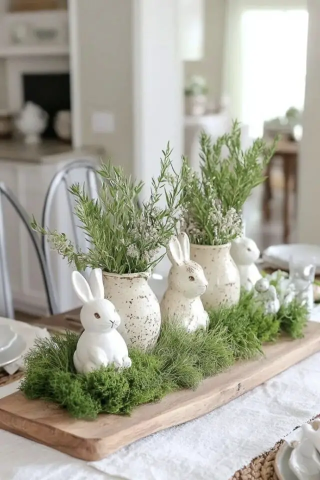 centre de table Pâques modèle mignon végétal statuette lapin petit vase poterie socle en bois 