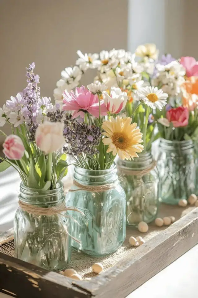 centre de table Pâques modèle champêtre floral bocal en verre raphia couleur tendre pastel fleur jardin 