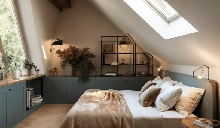 chambre mansardée moderne et confortable couleur mobilier sur mesure rangement velux place du lit